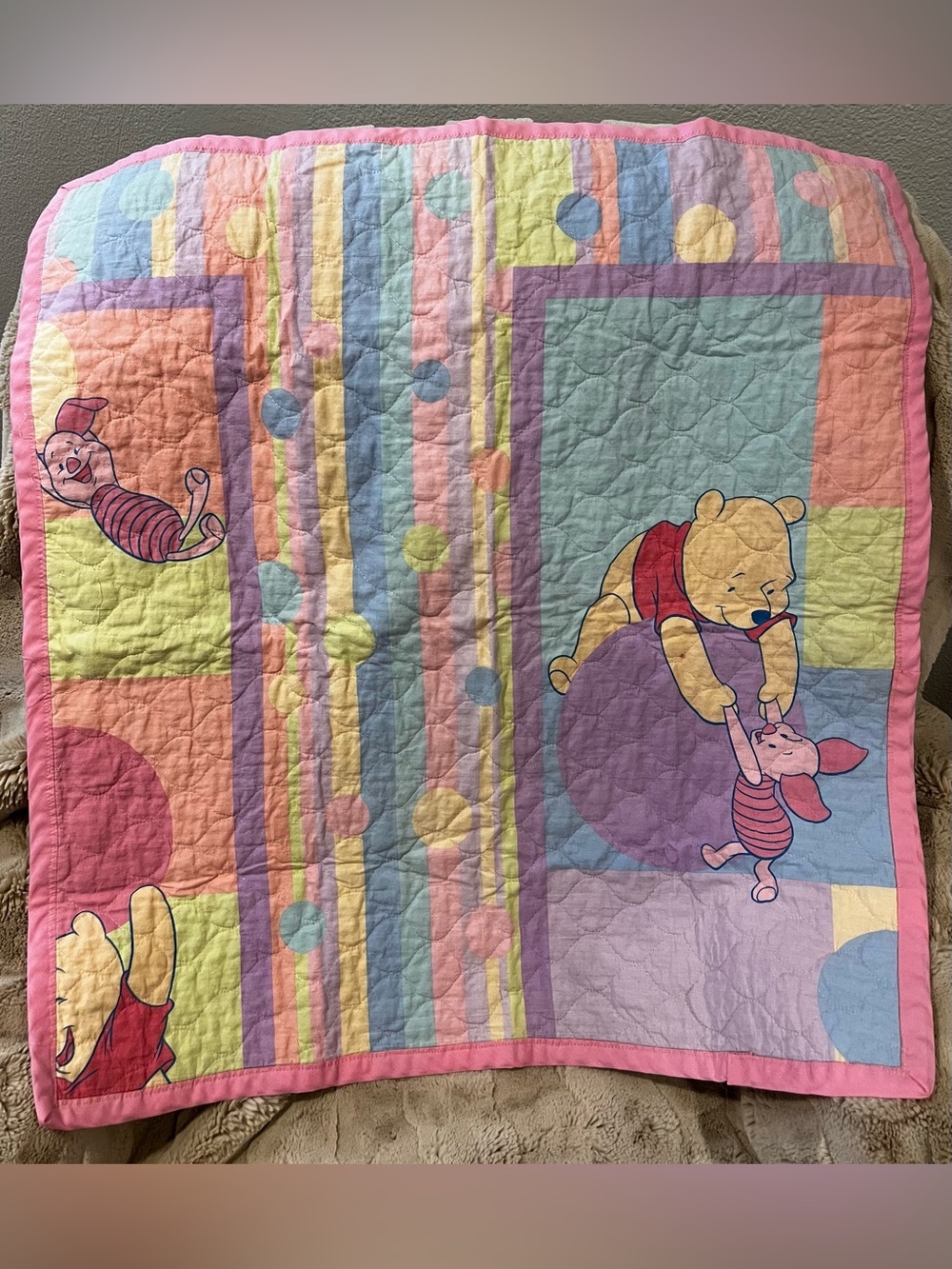 Vintage 90s Winnie The Pooh Piglet Pastel Baby Quilt Nursery Blanket